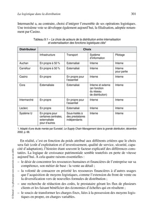 La logistique dans la distribution 301
©Dunod–Laphotocopienonautoriséeestundélit.
Intermarché a, au contraire, choisi d’intégrer l’ensemble de ses opérations logistiques.
Une troisième voie se développe également aujourd’hui, la filialisation, adoptée notam-
ment par Casino.
En réalité, c’est en fonction du poids attribué aux différents critères que le choix
sera fait (coût d’exploitation et d’investissement, qualité de service, sécurité, capa-
cité d’adaptation), l’histoire étant souvent le facteur explicatif des différences cons-
tatées. La logique de croissance patrimoniale semble toutefois en perte de vitesse
aujourd’hui. À cela quatre raisons essentielles :
– le désir de concentrer les ressources humaines et financières de l’entreprise sur sa
compétence, son métier de base : la vente au détail ;
– la volonté de consacrer en priorité les ressources financières à d’autres usages
que l’acquisition de moyens logistiques, comme l’extension du front de vente ou
la diversification vers de nouvelles formules de distribution ;
– une recherche de réduction des coûts, le prestataire gérant les flux de plusieurs
clients et les faisant bénéficier des économies d’échelles qui en résultent ;
– le soucis de transformer les charges fixes, liées à la possession des moyens logis-
tiques en propre, en charges variables.
Tableau 9.1 – Le choix de acteurs de la distribution entre internalisation
et externalisation des fonctions logistiques clés1
Distributeur Choix
Infrastructure Transport Système
d’information
Pilotage
Auchan En propre à 50 % Externalisé Interne Interne
Carrefour En propre à 50 % Externalisé Interne Interne
pour partie
Casino En propre En propre pour
l’essentiel
Interne Interne
Cora Externalisée Externalisé Interne et externe
(en fonction
du réseau
de distribution)
Interne
Intermarché En propre En propre pour
l’essentiel
Interne Interne
Leclerc En propre Externalisé Interne Interne
Système U En propre pour
certaines centrales,
externalisée
pour d’autres
Sous-traités à
des prestataires
indépendants
Interne Interne
1. Adapté d’une étude menée par Eurostaf, Le Supply Chain Management dans la grande distribution, décembre
2002, p. 68.
50672_ManDist_p287p318_MM Page 301 Jeudi, 24. août 2006 5:08 17
 