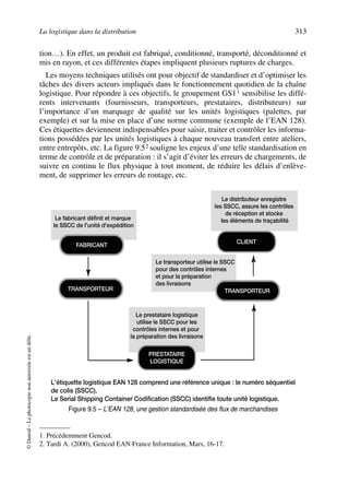 La logistique dans la distribution 313
©Dunod–Laphotocopienonautoriséeestundélit.
tion…). En effet, un produit est fabriqué, conditionné, transporté, déconditionné et
mis en rayon, et ces différentes étapes impliquent plusieurs ruptures de charges.
Les moyens techniques utilisés ont pour objectif de standardiser et d’optimiser les
tâches des divers acteurs impliqués dans le fonctionnement quotidien de la chaîne
logistique. Pour répondre à ces objectifs, le groupement GS11 sensibilise les diffé-
rents intervenants (fournisseurs, transporteurs, prestataires, distributeurs) sur
l’importance d’un marquage de qualité sur les unités logistiques (palettes, par
exemple) et sur la mise en place d’une norme commune (exemple de l’EAN 128).
Ces étiquettes deviennent indispensables pour saisir, traiter et contrôler les informa-
tions possédées par les unités logistiques à chaque nouveau transfert entre ateliers,
entre entrepôts, etc. La figure 9.52 souligne les enjeux d’une telle standardisation en
terme de contrôle et de préparation : il s’agit d’éviter les erreurs de chargements, de
suivre en continu le flux physique à tout moment, de réduire les délais d’enlève-
ment, de supprimer les erreurs de routage, etc.
1. Précédemment Gencod.
2. Tardi A. (2000), Gencod EAN France Information, Mars, 16-17.
FABRICANT
CLIENT
TRANSPORTEUR TRANSPORTEUR
PRESTATAIRE
LOGISTIQUE
Le fabricant définit et marque
le SSCC de l'unité d'expédition
Le distributeur enregistre
les SSCC, assure les contrôles
de réception et stocke
les éléments de traçabilité
Le transporteur utilise le SSCC
pour des contrôles internes
et pour la préparation
des livraisons
Le prestataire logistique
utilise le SSCC pour les
contrôles internes et pour
la préparation des livraisons
L'étiquette logistique EAN 128 comprend une référence unique : le numéro séquentiel
de colis (SSCC).
Le Serial Shipping Container Codification (SSCC) identifie toute unité logistique.
Figure 9.5 – L’EAN 128, une gestion standardisée des flux de marchandises
50672_ManDist_p287p318_MM Page 313 Jeudi, 24. août 2006 5:08 17
 