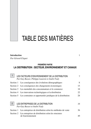 TABLE DES MATIÈRES
Introduction 1
Par Gérard Cliquet
PREMIÈRE PARTIE
LA DISTRIBUTION : SECTEUR, ENVIRONNEMENT ET CANAUX
LES FACTEURS D’ENVIRONNEMENT DE LA DISTRIBUTION 7
Par Guy Basset, Philippe Laurent et André Fady
Section 1 Les conséquences des évolutions démographiques 8
Section 2 Les conséquences des changements économiques 15
Section 3 Les mentalités des consommateurs et le commerce 18
Section 4 Les innovations technologiques et la distribution 22
Section 5 Les contraintes et opportunités juridiques de la distribution 28
LES ENTREPRISES DE LA DISTRIBUTION 35
Par Guy Basset et André Fady
Section 1 Les entreprises de distribution selon les méthodes de vente 36
Section 2 Les entreprises de distribution selon les structures
de fonctionnement 49
1
2
50672_ManDist_pVaVIII Page V Jeudi, 24. août 2006 4:58 16
 