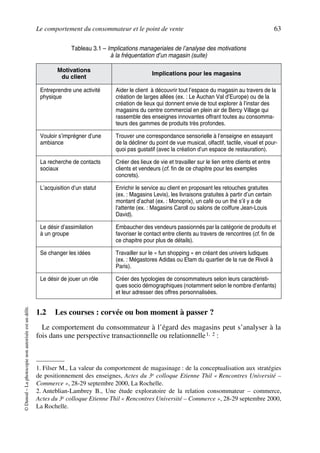 Le comportement du consommateur et le point de vente 63
©Dunod–Laphotocopienonautoriséeestundélit.
1.2 Les courses : corvée ou bon moment à passer ?
Le comportement du consommateur à l’égard des magasins peut s’analyser à la
fois dans une perspective transactionnelle ou relationnelle1, 2 :
Tableau 3.1 – Implications manageriales de l’analyse des motivations
à la fréquentation d’un magasin (suite)
Motivations
du client
Implications pour les magasins
Entreprendre une activité
physique
Aider le client à découvrir tout l’espace du magasin au travers de la
création de larges allées (ex. : Le Auchan Val d’Europe) ou de la
création de lieux qui donnent envie de tout explorer à l’instar des
magasins du centre commercial en plein air de Bercy Village qui
rassemble des enseignes innovantes offrant toutes au consomma-
teurs des gammes de produits très profondes.
Vouloir s’imprégner d’une
ambiance
Trouver une correspondance sensorielle à l’enseigne en essayant
de la décliner du point de vue musical, olfactif, tactile, visuel et pour-
quoi pas gustatif (avec la création d’un espace de restauration).
La recherche de contacts
sociaux
Créer des lieux de vie et travailler sur le lien entre clients et entre
clients et vendeurs (cf. fin de ce chapitre pour les exemples
concrets).
L’acquisition d’un statut Enrichir le service au client en proposant les retouches gratuites
(ex. : Magasins Levis), les livraisons gratuites à partir d’un certain
montant d’achat (ex. : Monoprix), un café ou un thé s’il y a de
l‘attente (ex. : Magasins Caroll ou salons de coiffure Jean-Louis
David).
Le désir d’assimilation
à un groupe
Embaucher des vendeurs passionnés par la catégorie de produits et
favoriser le contact entre clients au travers de rencontres (cf. fin de
ce chapitre pour plus de détails).
Se changer les idées Travailler sur le « fun shopping » en créant des univers ludiques
(ex. : Mégastores Adidas ou Etam du quartier de la rue de Rivoli à
Paris).
Le désir de jouer un rôle Créer des typologies de consommateurs selon leurs caractéristi-
ques socio démographiques (notamment selon le nombre d’enfants)
et leur adresser des offres personnalisées.
1. Filser M., La valeur du comportement de magasinage : de la conceptualisation aux stratégies
de positionnement des enseignes, Actes du 3e colloque Etienne Thil « Rencontres Université –
Commerce », 28-29 septembre 2000, La Rochelle.
2. Anteblian-Lambrey B., Une étude exploratoire de la relation consommateur – commerce,
Actes du 3e colloque Etienne Thil « Rencontres Université – Commerce », 28-29 septembre 2000,
La Rochelle.
50672_ManDist_p060p095_MM Page 63 Jeudi, 24. août 2006 5:26 17
 