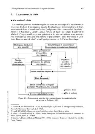 Le comportement du consommateur et le point de vente 65
©Dunod–Laphotocopienonautoriséeestundélit.
2.1 Le processus de choix
➤ Un modèle de choix
Les modèles généraux de choix du point de vente ont pour objectif d’appréhender le
processus de choix d’un magasin, à partir des attentes des consommateurs, de leurs
attitudes et de leurs orientations d’achat. Quelques modèles peuvent ainsi être citées :
Monroe et Guiltinan1, Lusch2, Jallais, Orsoni et Fady3 ou Engel, Blackwell et
Miniard4. Chaque modèle reprenant globalement les mêmes variables, nous présente-
rons le modèle de choix qui nous semble le plus complet : celui de Monroe et Guil-
tinan. Dans un souci de clarté, nous l’appliquerons au cas de l’achat d’un disque.
1. Monroe K. B. et Guiltinan J. (1975), A path analytic exploration of retail patronage influence,
Journal of Consumer Research, 2, 1, 19-28.
2. Lusch R.F. (1982), Management of Retail Enterprises, Kent, Boston, Mass.
3. Jallais J., Orsoni J. et Fady A. (1994), L'image du magasin, in Le marketing dans le commerce de
détail, Vuibert, Paris, p. 150-165.
4. Engel J.F., Blackwell R.D. et Miniard P.W. (1990), Consumer Behavior, 6 th. Ed. The Dryden
Press, Chicago.
Attitude générale envers
la fréquentation
des magasins
Perception des attributs
des magasins
Attitude envers les magasins
Choix du magasin
Stimuli commerciaux en magasin
(promotion, PLV, ambiance, mise en avant)
Choix du produit et de la marque
Planning
des achats
et des dépenses
Influence directe
Effet de feedback
Importance
accordée
aux attributs
des magasins
Caractéristiques du consommateur
(économiques, démographique et sociales)
Stratégie du distributeur
(prix, publicité)
Figure 3.1 – Processus de sélection d’un magasin inspiré du modèle simplifié
de Monroe et Guiltinan, 1975.
50672_ManDist_p060p095_MM Page 65 Jeudi, 24. août 2006 5:26 17
 