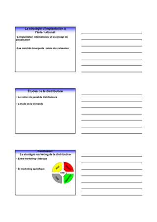La stratégie d’implantation à
                l’international
• L’implantation internationale et le concept de
glocalisation


• Les marchés émergents : relais de croissance




           Études de la distribution
• La notion de panel de distributeurs

• L’étude de la demande




                 Conclusion:
   La stratégie marketing de la distribution
• Entre marketing classique



• Et marketing spécifique
 