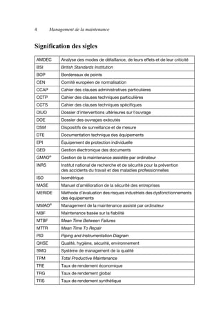 4 Management de la maintenance
Signification des sigles
AMDEC Analyse des modes de défaillance, de leurs effets et de leur criticité
BSI British Standards Institution
BOP Bordereaux de points
CEN Comité européen de normalisation
CCAP Cahier des clauses administratives particulières
CCTP Cahier des clauses techniques particulières
CCTS Cahier des clauses techniques spécifiques
DIUO Dossier d’interventions ultérieures sur l’ouvrage
DOE Dossier des ouvrages exécutés
DSM Dispositifs de surveillance et de mesure
DTE Documentation technique des équipements
EPI Équipement de protection individuelle
GED Gestion électronique des documents
GMAO®
Gestion de la maintenance assistée par ordinateur
INRS Institut national de recherche et de sécurité pour la prévention
des accidents du travail et des maladies professionnelles
ISO Isométrique
MASE Manuel d’amélioration de la sécurité des entreprises
MERIDE Méthode d’évaluation des risques industriels des dysfonctionnements
des équipements
MMAO®
Management de la maintenance assisté par ordinateur
MBF Maintenance basée sur la fiabilité
MTBF Mean Time Between Failures
MTTR Mean Time To Repair
PID Piping and Instrumentation Diagram
QHSE Qualité, hygiène, sécurité, environnement
SMQ Système de management de la qualité
TPM Total Productive Maintenance
TRE Taux de rendement économique
TRG Taux de rendement global
TRS Taux de rendement synthétique
AF_MM_Corps.fm Page 4 Vendredi, 3. avril 2009 8:24 08
 