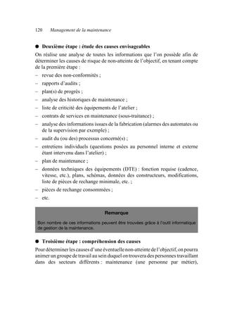 120 Management de la maintenance
● Deuxième étape : étude des causes envisageables
On réalise une analyse de toutes les informations que l’on possède afin de
déterminer les causes de risque de non-atteinte de l’objectif, en tenant compte
de la première étape :
– revue des non-conformités ;
– rapports d’audits ;
– plan(s) de progrès ;
– analyse des historiques de maintenance ;
– liste de criticité des équipements de l’atelier ;
– contrats de services en maintenance (sous-traitance) ;
– analyse des informations issues de la fabrication (alarmes des automates ou
de la supervision par exemple) ;
– audit du (ou des) processus concerné(s) ;
– entretiens individuels (questions posées au personnel interne et externe
étant intervenu dans l’atelier) ;
– plan de maintenance ;
– données techniques des équipements (DTE) : fonction requise (cadence,
vitesse, etc.), plans, schémas, données des constructeurs, modifications,
liste de pièces de rechange minimale, etc. ;
– pièces de rechange consommées ;
– etc.
● Troisième étape : compréhension des causes
Pourdéterminerlescausesd’uneéventuellenon-atteintedel’objectif,onpourra
animer un groupe de travail au sein duquel on trouvera des personnes travaillant
dans des secteurs différents : maintenance (une personne par métier),
Remarque
Bon nombre de ces informations peuvent être trouvées grâce à l’outil informatique
de gestion de la maintenance.
AF_MM_Corps.fm Page 120 Vendredi, 3. avril 2009 8:24 08
 