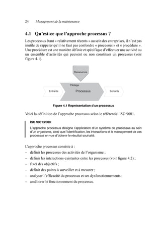 24 Management de la maintenance
4.1 Qu’est-ce que l’approche processus ?
Les processus étant « relativement récents » au sein des entreprises, il n’est pas
inutile de rappeler qu’il ne faut pas confondre « processus » et « procédure ».
Une procédure est une manière définie et spécifique d’effectuer une activité ou
un ensemble d’activités qui peuvent ou non constituer un processus (voir
figure 4.1).
Voici la définition de l’approche processus selon le référentiel ISO 9001.
ISO 9001:2008
L’approche processus désigne l’application d’un système de processus au sein
d’un organisme, ainsi que l’identification, les interactions et le management de ces
processus en vue d’obtenir le résultat souhaité.
L’approche processus consiste à :
– définir les processus des activités de l’organisme ;
– définir les interactions existantes entre les processus (voir figure 4.2) ;
– fixer des objectifs ;
– définir des points à surveiller et à mesurer ;
– analyser l’efficacité du processus et ses dysfonctionnements ;
– améliorer le fonctionnement du processus.
Figure 4.1 Représentation d’un processus
Pilotage
Processus
Entrants Sortants
Ressources
Pilotage
Processus
Ressources
AF_MM_Corps.fm Page 24 Vendredi, 3. avril 2009 8:24 08
 