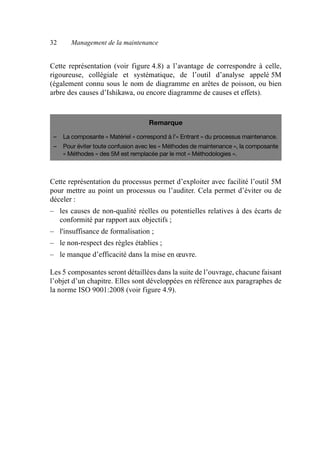 32 Management de la maintenance
Cette représentation (voir figure 4.8) a l’avantage de correspondre à celle,
rigoureuse, collégiale et systématique, de l’outil d’analyse appelé 5M
(également connu sous le nom de diagramme en arêtes de poisson, ou bien
arbre des causes d’Ishikawa, ou encore diagramme de causes et effets).
Cette représentation du processus permet d’exploiter avec facilité l’outil 5M
pour mettre au point un processus ou l’auditer. Cela permet d’éviter ou de
déceler :
– les causes de non-qualité réelles ou potentielles relatives à des écarts de
conformité par rapport aux objectifs ;
– l'insuffisance de formalisation ;
– le non-respect des règles établies ;
– le manque d’efficacité dans la mise en œuvre.
Les 5 composantes seront détaillées dans la suite de l’ouvrage, chacune faisant
l’objet d’un chapitre. Elles sont développées en référence aux paragraphes de
la norme ISO 9001:2008 (voir figure 4.9).
Remarque
– La composante « Matériel » correspond à l’« Entrant » du processus maintenance.
– Pour éviter toute confusion avec les « Méthodes de maintenance », la composante
« Méthodes » des 5M est remplacée par le mot « Méthodologies ».
AF_MM_Corps.fm Page 32 Vendredi, 3. avril 2009 8:24 08
 