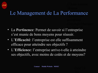 © Jean-Antoine
Moreau
copying and
reproduction
prohibited
Copyright Managed
by ADAGP.
JAM 13 /
Contact Mobile Website MOOC
Le Management de La Performance
• La Pertinence: Permet de savoir si l’entreprise
s’est munie de bons moyens pour réussir.
• L’Efficacité: l’entreprise est elle suffisamment
efficace pour atteindre ses objectifs ?
• L’Efficience: l’entreprise arrive-t-elle à atteindre
ses objectifs, avec moins de coûts et de moyens?
 