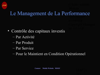 © Jean-Antoine
Moreau
copying and
reproduction
prohibited
Copyright Managed
by ADAGP.
JAM 19 /
Contact Mobile Website MOOC
Le Management de La Performance
• Contrôle des capitaux investis
– Par Activité
– Par Produit
– Par Service
– Pour le Maintient en Condition Opérationnel
 