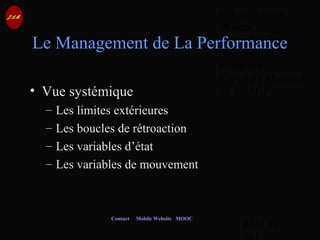© Jean-Antoine
Moreau
copying and
reproduction
prohibited
Copyright Managed
by ADAGP.
JAM 59 /
Contact Mobile Website MOOC
Le Management de La Performance
• Vue systémique
– Les limites extérieures
– Les boucles de rétroaction
– Les variables d’état
– Les variables de mouvement
 