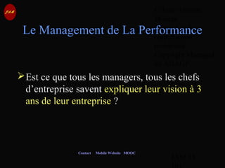 © Jean-Antoine
Moreau
copying and
reproduction
prohibited
Copyright Managed
by ADAGP.
JAM 85 /
Contact Mobile Website MOOC
Le Management de La Performance
Est ce que tous les managers, tous les chefs
d’entreprise savent expliquer leur vision à 3
ans de leur entreprise ?
 