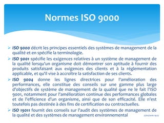  ISO 9000 décrit les principes essentiels des systèmes de management de la
qualité et en spécifie la terminologie.
 ISO 9001 spécifie les exigences relatives à un système de management de
la qualité lorsqu'un organisme doit démontrer son aptitude à fournir des
produits satisfaisant aux exigences des clients et à la réglementation
applicable, et qu'il vise à accroître la satisfaction de ses clients.
 ISO 9004 donne les lignes directrices pour l'amélioration des
performances, elle constitue des conseils sur une gamme plus large
d'objectifs de système de management de la qualité que ne le fait l'ISO
9001, notamment pour l'amélioration continue des performances globales
et de l'efficience d'un organisme, ainsi que de son efficacité. Elle n'est
toutefois pas destinée à des fins de certification ou contractuelles.
 ISO 19011 fournit des conseils sur l'audit des systèmes de management de
la qualité et des systèmes de management environnemental 27/02/2016 19:27
Normes ISO 9000
 