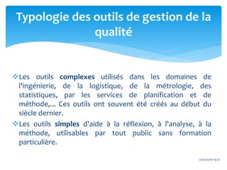 Les outils complexes utilisés dans les domaines de
l'ingénierie, de la logistique, de la métrologie, des
statistiques, par les services de planification et de
méthode,... Ces outils ont souvent été créés au début du
siècle dernier.
Les outils simples d'aide à la réflexion, à l'analyse, à la
méthode, utilisables par tout public sans formation
particulière.
27/02/2016 19:27
Typologie des outils de gestion de la
qualité
 