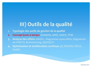 III) Outils de la qualité
1. Typologie des outils de gestion de la qualité
2. Concept juste à temps: KANBAN, MRP, SMED, TPM
3. Analyse des effets: AMDEC, Diagramme cause-effets, Diagramme
de PARETO, Brainstorming, QQOQCCP
4. Optimisation et amélioration continue: 5S, KAIZEN, PDCA,
Audits
27/02/2016 19:27
 