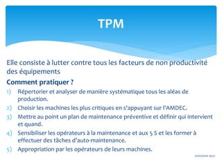TPM
27/02/2016 19:27
Elle consiste à lutter contre tous les facteurs de non productivité
des équipements
Comment pratiquer ?
1) Répertorier et analyser de manière systématique tous les aléas de
production.
2) Choisir les machines les plus critiques en s'appuyant sur l'AMDEC.
3) Mettre au point un plan de maintenance préventive et définir qui intervient
et quand.
4) Sensibiliser les opérateurs à la maintenance et aux 5 S et les former à
effectuer des tâches d’auto-maintenance.
5) Appropriation par les opérateurs de leurs machines.
 