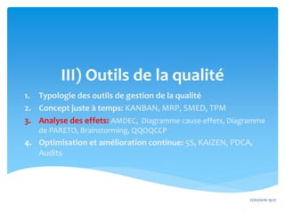 III) Outils de la qualité
1. Typologie des outils de gestion de la qualité
2. Concept juste à temps: KANBAN, MRP, SMED, TPM
3. Analyse des effets: AMDEC, Diagramme cause-effets, Diagramme
de PARETO, Brainstorming, QQOQCCP
4. Optimisation et amélioration continue: 5S, KAIZEN, PDCA,
Audits
27/02/2016 19:27
 