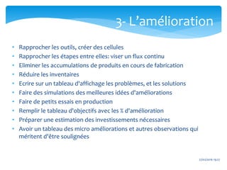 27/02/2016 19:27
• Rapprocher les outils, créer des cellules
• Rapprocher les étapes entre elles: viser un flux continu
• Eliminer les accumulations de produits en cours de fabrication
• Réduire les inventaires
• Ecrire sur un tableau d'affichage les problèmes, et les solutions
• Faire des simulations des meilleures idées d'améliorations
• Faire de petits essais en production
• Remplir le tableau d'objectifs avec les % d'amélioration
• Préparer une estimation des investissements nécessaires
• Avoir un tableau des micro améliorations et autres observations qui
méritent d'être soulignées
3- L’amélioration
 