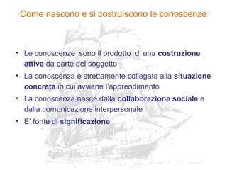Come nascono e si costruiscono le conoscenze
• Le conoscenze sono il prodotto di una costruzione
attiva da parte del soggetto
• La conoscenza è strettamente collegata alla situazione
concreta in cui avviene l’apprendimento
• La conoscenza nasce dalla collaborazione sociale e
dalla comunicazione interpersonale
• E’ fonte di significazione
 