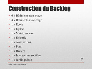 Construction du Backlog
david.vallat@univ-lyon1.fr
51
• 6 x Bâtiments sans étage
• 4 x Bâtiments avec étage
• 1 x Ecole
• 1 x Eglise
• 1 x Mairie annexe
• 1 x Epicerie
• 1 x Arrêt de bus
• 1 x Pont
• 1 x Rivière
• 1 x Intersection routière
• 1 x Jardin public
 