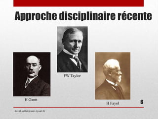 Approche disciplinaire récente
FW Taylor
H Fayol
H Gantt
david.vallat@univ-lyon1.fr
6
 