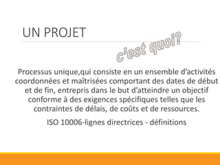 Par conséquent…
• Ne relèvent pas réellement du management de projet
• La résolution d’un problème
• La conduite du changement
• Et relèvent à priori du management de projet
• La mise en place d’une organisation
• La création d’un nouveau service
• Une étude ou diagnostic
• Le développement d’un nouveau produit
 