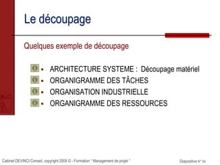 Cabinet DEVINCI Conseil, copyright 2005 © - Formation “ Management de projet ” Diapositive N° 54
Le découpage
Quelques exemple de découpage
 ARCHITECTURE SYSTEME : Découpage matériel
 ORGANIGRAMME DES TÂCHES
 ORGANISATION INDUSTRIELLE
 ORGANIGRAMME DES RESSOURCES
 
