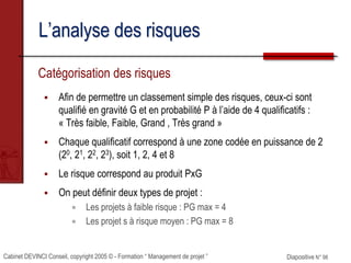 Cabinet DEVINCI Conseil, copyright 2005 © - Formation “ Management de projet ” Diapositive N° 98
L’analyse des risques
Catégorisation des risques
 Afin de permettre un classement simple des risques, ceux-ci sont
qualifié en gravité G et en probabilité P à l’aide de 4 qualificatifs :
« Très faible, Faible, Grand , Très grand »
 Chaque qualificatif correspond à une zone codée en puissance de 2
(20, 21, 22, 23), soit 1, 2, 4 et 8
 Le risque correspond au produit PxG
 On peut définir deux types de projet :
 Les projets à faible risque : PG max = 4
 Les projet s à risque moyen : PG max = 8
 