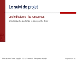 Cabinet DEVINCI Conseil, copyright 2005 © - Formation “ Management de projet ” Diapositive N° 132
Le suivi de projet
Les i...