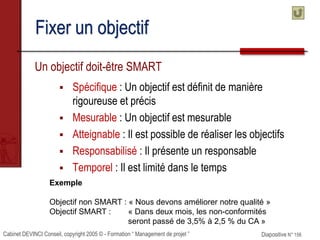 Cabinet DEVINCI Conseil, copyright 2005 © - Formation “ Management de projet ” Diapositive N° 156
Fixer un objectif
Un obj...