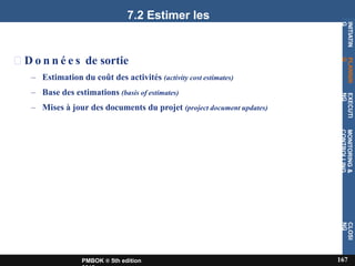 7.2 Estimer les
coûts
D o n n é e s de sortie
– Estimation du coût des activités (activity cost estimates)
– Base des estimations (basis of estimates)
– Mises à jour des documents du projet (project document updates)
INITIATIN
G
167
PMBOK ® 5th edition
PLANNIN
G
EXECUTI
NG
MONITORING
&
CONTROLLING
CLOSI
NG
 