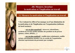 G. Lécrivain – Management des organisations et stratégies –
.III. Mesurer, favoriser
la motivation et l’implication au travail
3.1 Mesurer la motivation et l’implication au travail
• En évaluant les effets d’un manque ou d’une diminution de
la motivation et de l’implication sur l’organisation (tableaux
de bord sociaux):
- sur un plan quantitatif : turn-over, absentéisme,,
accidents de travail, qualité moindre des produits ou du process
(pannes, rebuts, défauts,…)
- sur un plan qualitatif : conflits inter-relationnels, conflits
sociaux, participation moindre à la vie sociale de l’organisation
(élection représentants du personnel, par exemple)
 