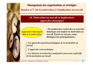 G. Lécrivain – Management des organisations et stratégies –
Management des organisations et stratégies
Management des organisations et stratégies
Dossier n°7- De la motivation à l’implication au travail
.II. Motivation au travail et implication :
approches théoriques
Approches théoriques
liées à la motivation
• De nombreuses recherches et courants
théoriques ont analysé la motivation au
travail. Parmi ces travaux, nous
distinguerons principalement :
- Les approches psychosociologiques de la motivation au
travail
- L’approche socio-technique
- Les théories et recherches analysant le processus explicatif
de la motivation au travail
 
