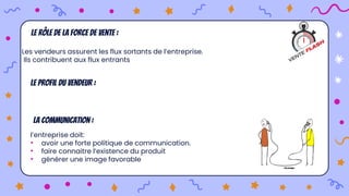 Le rôle de la force de vente :
Les vendeurs assurent les flux sortants de l’entreprise.
Ils contribuent aux flux entrants
Le profil du vendeur :
La communication :
l’entreprise doit:
• avoir une forte politique de communication.
• faire connaitre l’existence du produit
• générer une image favorable
 