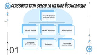 Classification selon la nature économique
01
Classification par
secteur d’activité
Secteur primaire
agriculture,
pêche,élevage,
mines…
Secteur secondaire
Industries
Secteur tertiaire
Entreprises
commerciales
 