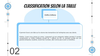 Classification selon la Taille
02
Chiﬀre d’aﬀaires
Il permet d’avoir une idée sur le volume des transactions de l’entreprise avec ses clients.
Parfois, il peut nous induire en erreur, supposant qu’une entreprise réalise pendant 5 années
consécutives un chiﬀre d’aﬀaires annule de 1 millions de DH, on pensera qu’elle est une
grande entreprise, toutefois, durant les 5 années, elle n‘arrive pas à avoir un bénéfice.
 
