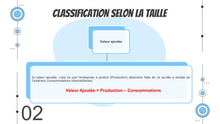 Classification selon la Taille
02
Valeur ajoutée
la valeur ajoutée, c’est ce que l’entreprise a produit (Production) déduction faite de ce qu’elle a acheté de
l’extérieur (consommations intermédiaires)
Valeur Ajoutée = Production – Consommations
 