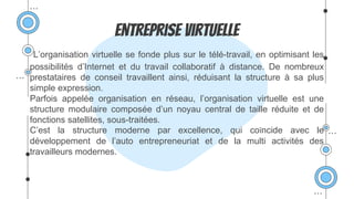 Entreprise virtuelle
L’organisation virtuelle se fonde plus sur le télé-travail, en optimisant les
possibilités d’Internet et du travail collaboratif à distance. De nombreux
prestataires de conseil travaillent ainsi, réduisant la structure à sa plus
simple expression.
Parfois appelée organisation en réseau, l’organisation virtuelle est une
structure modulaire composée d’un noyau central de taille réduite et de
fonctions satellites, sous-traitées.
C’est la structure moderne par excellence, qui coïncide avec le
développement de l’auto entrepreneuriat et de la multi activités des
travailleurs modernes.
 