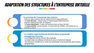 Adaptation des structures à l’entreprise virtuelle
les
déterminants
du
choix
de
la
structure
C’est une valeur forte qui permet l’autonomie et la responsabilisation.
➡L’auto-direction : chaque acteur et chaque équipe déterminent leur
projet en respectant la vision du dirigeant ;
➡L’auto-organisation : l’acteur est autonome dans sa façon de faire ;
➡L’auto-contrôle : pas de censeur, ni d’instrument de contrôle, c’est l’acteur qui se
contrôle lui-même.
Le management est au service des employés
Le leader aide à la réﬂexion et donne du sens à l’action de l’équipe.
Une structure virtuelle est un ordre de coordination et de production sans amarre
géographique.
Le principe de l’autonomie des acteurs :
Le modèle organisationnel devient alors la pyramide
managériale inversée
 