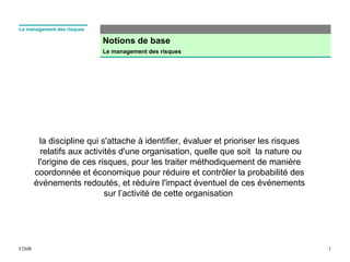 Notions de base
Le management des risques
3F2MR
Le management des risques
la discipline qui s'attache à identifier, évaluer et prioriser les risques
relatifs aux activités d'une organisation, quelle que soit la nature ou
l'origine de ces risques, pour les traiter méthodiquement de manière
coordonnée et économique pour réduire et contrôler la probabilité des
événements redoutés, et réduire l'impact éventuel de ces événements
sur l’activité de cette organisation
 