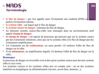 101
+ 101MADS
Terminologie
•  le flux de danger : que l'on appelle aussi l'événement non souhaité (ENS) ou aussi
parfois l'événement redouté,
•  le système cible : sur lequel agit le flux de danger.
•  le système source de danger : émetteur du flux de danger.
•  les éléments orientés source-flux-cible sont immergés dans un environnement actif
appelé champ de danger,
•  le champ de danger : est tapissé de processus qui peuvent agir sur le système source
par des événements initiateurs, ainsi que sur le système cible et le flux de danger par des
événements amplificateurs.
•  Un événement est dit renforçateur, ou aussi positif, s'il renforce l'effet du flux de
danger sur la cible.
•  Il est atténuateur, ou amplificateur négatif, s'il diminue l'effet du flux de danger sur la
cible.
Remarques
le processus de danger est réversible c'est-à-dire qu'un système source peut devenir système
cible et vice-versa.
Les systèmes sources et les systèmes cibles pris en compte sont : un ou des systèmes
matériels ou énergétiques ou informationnels (savoirs, savoir-faire, données...),
 