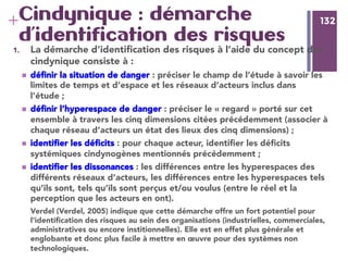 132
+ 132Cindynique : démarche
d’identification des risques
1.  La démarche d’identiﬁcation des risques à l’aide du concept des
cindynique consiste à :
n  déﬁnir la situation de danger : préciser le champ de l’étude à savoir les
limites de temps et d’espace et les réseaux d’acteurs inclus dans
l’étude ; 
n  déﬁnir l’hyperespace de danger : préciser le « regard » porté sur cet
ensemble à travers les cinq dimensions citées précédemment (associer à
chaque réseau d’acteurs un état des lieux des cinq dimensions) ; 
n  identiﬁer les déﬁcits : pour chaque acteur, identiﬁer les déﬁcits
systémiques cindynogènes mentionnés précédemment ; 
n  identiﬁer les dissonances : les différences entre les hyperespaces des
différents réseaux d’acteurs, les différences entre les hyperespaces tels
qu’ils sont, tels qu’ils sont perçus et/ou voulus (entre le réel et la
perception que les acteurs en ont).
Verdel (Verdel, 2005) indique que cette démarche offre un fort potentiel pour
l’identiﬁcation des risques au sein des organisations (industrielles, commerciales,
administratives ou encore institionnelles). Elle est en effet plus générale et
englobante et donc plus facile à mettre en œuvre pour des systèmes non
technologiques.
 