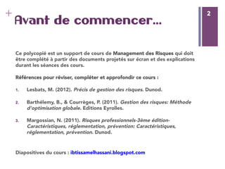 2
+ 2
Avant de commencer…
Ce polycopié est un support de cours de Management des Risques qui doit
être complété à partir des documents projetés sur écran et des explications
durant les séances des cours.
Références pour réviser, compléter et approfondir ce cours :
1.  Lesbats, M. (2012). Précis de gestion des risques. Dunod.
2.  Barthélemy, B., & Courrèges, P. (2011). Gestion des risques: Méthode
d'optimisation globale. Editions Eyrolles.
3.  Margossian, N. (2011). Risques professionnels-3ème édition-
Caractéristiques, réglementation, prévention: Caractéristiques,
réglementation, prévention. Dunod.

Diapositives du cours : ibtissamelhassani.blogspot.com 

 