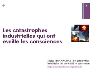 3
+ 3
Les catastrophes
industrielles qui ont
éveillé les consciences
Source : DIAPORAMA - Les catastrophes
industrielles qui ont éveillé les consciences
http://www.techniques-ingenieur.fr
 