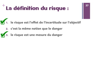 37
+ 37
La définition du risque :
1.  le risque est l'effet de l'incertitude sur l'objectif
2.  c'est la même notion que le danger
3.  le risque est une mesure du danger
 
