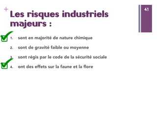 41
+ 41
Les risques industriels
majeurs :
1.  sont en majorité de nature chimique 
2.  sont de gravité faible ou moyenne
3.  sont régis par le code de la sécurité sociale
4.  ont des effets sur la faune et la ﬂore
 