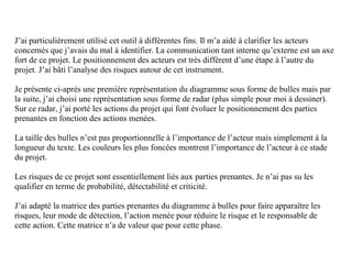 J’ai particulièrement utilisé cet outil à différentes fins. Il m’a aidé à clarifier les acteurs
concernés que j’avais du mal à identifier. La communication tant interne qu’externe est un axe
fort de ce projet. Le positionnement des acteurs est très différent d’une étape à l’autre du
projet. J’ai bâti l’analyse des risques autour de cet instrument.
Je présente ci-après une première représentation du diagramme sous forme de bulles mais par
la suite, j’ai choisi une représentation sous forme de radar (plus simple pour moi à dessiner).
Sur ce radar, j’ai porté les actions du projet qui font évoluer le positionnement des parties
prenantes en fonction des actions menées.
La taille des bulles n’est pas proportionnelle à l’importance de l’acteur mais simplement à la
longueur du texte. Les couleurs les plus foncées montrent l’importance de l’acteur à ce stade
du projet.
Les risques de ce projet sont essentiellement liés aux parties prenantes. Je n’ai pas su les
qualifier en terme de probabilité, détectabilité et criticité.
J’ai adapté la matrice des parties prenantes du diagramme à bulles pour faire apparaître les
risques, leur mode de détection, l’action menée pour réduire le risque et le responsable de
cette action. Cette matrice n’a de valeur que pour cette phase.
 