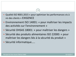  Qualité ISO 9001:2015 « pour optimiser les performances vis à
vis des clients » EXIGENCE
 Environnement ISO 14001: « pour maîtriser les impacts
des activités sur l’environnement »
 Sécurité OHSAS 18001: « pour maîtriser les dangers »
 Sécurité des produits alimentaires ISO 22000: « pour
maîtriser les dangers liés à la sécurité du produit »
 Sécurité informatique…..
10/10/2017Management des risques/ Mahrez Kallel/
28
 