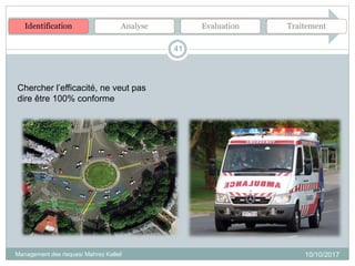 10/10/2017
41
Chercher l’efficacité, ne veut pas
dire être 100% conforme
Management des risques/ Mahrez Kallel/
Identification Analyse Evaluation Traitement
 