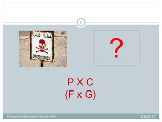 10/10/2017Management des risques/ Mahrez Kallel/
8
?
P X C
(F x G)
 