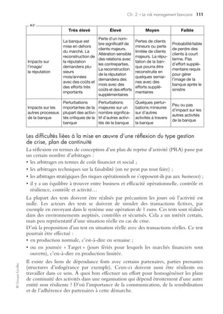 ©GroupeEyrolles
Chapitre 2
Le risk management bancaire
Le développement du risk management bancaire passe à la fois par la mise sous
contrôle de risques financiers spécifiques aux établissements bancaires et par la mise
sous contrôle de risques opérationnels génériques ou spécifiques (blanchiment
d’argent, financement du terrorisme, etc.).
La mise sous contrôle des risques financiers (contrepartie,
crédit, etc.)
Gestion ALM et risk management bancaire
La gestion ALM (asset-liability management) vise trois objectifs :
• maîtriser les durées via la gestion des impasses ;
• maîtriser le risque de taux ;
• évaluer la banque.
L’approche ALM peut être déclinée de façon dynamique et statique :
• statique : activité fraîche mise à zéro et seuls les encours existants s’écoulent
jusqu’à épuisement ;
• dynamique : intégrant les objectifs de collecte et d’emplois ajoutés aux objectifs
initiaux.
Maîtrise des durées, gestion des impasses
À la date d’arrêté de bilan, les encours d’actif et de passif ont une durée moyenne de
disponibilité (passif) ou d’immobilisation (actif).
Ils génèrent des flux de capitaux faisant partie du TRE : tableau emplois/ressources :
• dépôts, retraits pour les ressources ;
• versements amortissements pour les crédits ;
• achats ventes remboursement pour le portefeuille titres.
Les écarts mensuels entre les flux entrants et sortants représentent, s’ils sont négatifs,
les impasses de gestion. Établies sur une durée de cinq ans et regroupées par
tranche : trois mois, six mois, un an, deux ans, trois ans, quatre ans, cinq ans et plus.
La maîtrise des impasses a un effet sur la structure de la collecte prévisionnelle et des
crédits à moyen et long terme.
ALM et gestion du risque de taux
Le risque de taux est défini comme le risque encouru en cas de variation des taux
d’intérêt du fait de l’ensemble des opérations de bilan et de hors-bilan.
 