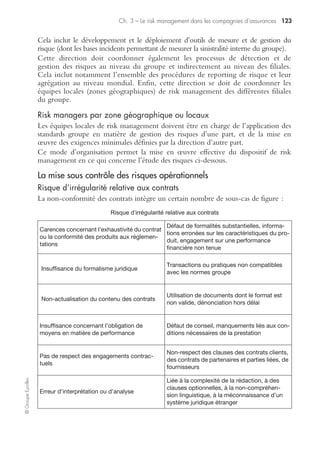 ©GroupeEyrolles
Chapitre 3
Le risk management dans les compagnies
d’assurances
Les compagnies d’assurances sont culturellement peu habituées à raisonner en termes
de risques opérationnels internes, bien que leur métier consiste à financer les risques
purs de leurs clients.
Elles ont à se protéger face à deux types de risques :
• les risques liés au métier financier (dont gestion d’actifs et mandats de gestion
intragroupe ou pour le compte de tiers) ;
• les risques opérationnels génériques qu’elles rencontrent dans la réalisation de leurs
différents métiers (assurance-vie, non-vie, gestion immobilière, banque, etc.).
Risk management des métiers financiers
Le risque de contrepartie
Défaillance d’un émetteur obligataire
Ce risque correspond au cas de figure de l’acquisition par une compagnie d’assu-
rances de titres détenus à échéances (emprunts obligataires remboursables in fine et
générant des coupons sur la période d’amortissement du risque).
En IFRS, cet emprunt est traité selon la méthode du coût amorti, comptabilisant
soit une prime dans le cas d’un écart de performance en faveur de l’investisseur ou
de décote dans l’hypothèse d’un écart de performance en défaveur du souscripteur.
Le risque évoqué n’est pas celui d’une sous-performance des titres détenus à
échéance, se traduisant par un test de dépréciation, mais par une insolvabilité de
l’émetteur nécessitant de déprécier intégralement la valeur de l’actif dans le bilan de
la compagnie.
Défaillance d’une contrepartie sur dérivés
Ce risque correspond à l’inefficacité totale de la contrepartie d’un instrument de
couverture, se traduisant :
• soit par une diminution du résultat financier, dans le cas d’une couverture de juste
valeur (hypothèse d’un instrument de couverture portant sur des actifs ou des pas-
sifs existants) ;
• soit par une diminution de la réserve de juste valeur dans le cas d’une couverture
de cash-flows (protection de cash-flows prévisionnels de la compagnie).
 